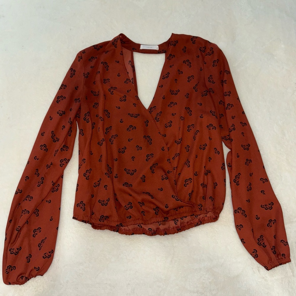 Lush Maroon Copper Brown Floral Cut Out Back V Neck Small Chiffon Top Long